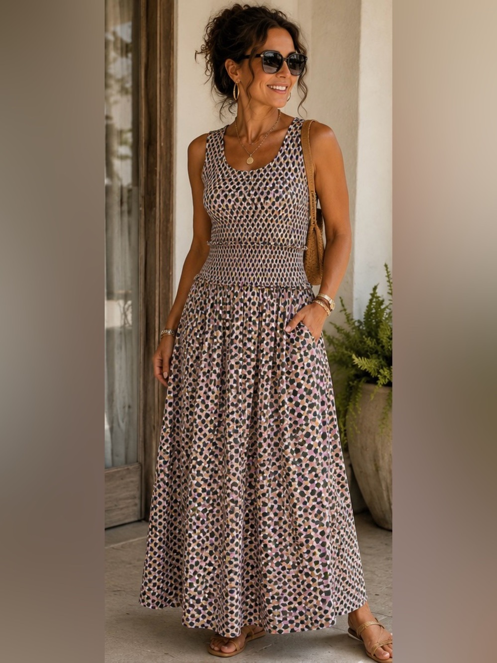 ON 34TH Smocked Geometric Print Maxi Dress Pockets Size Small